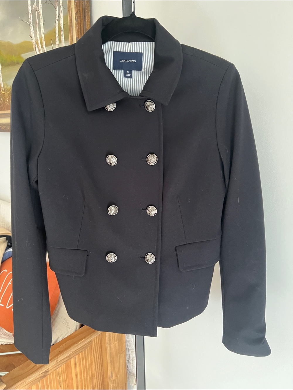 Lands' End Black Double-Breasted Blazer Jacket